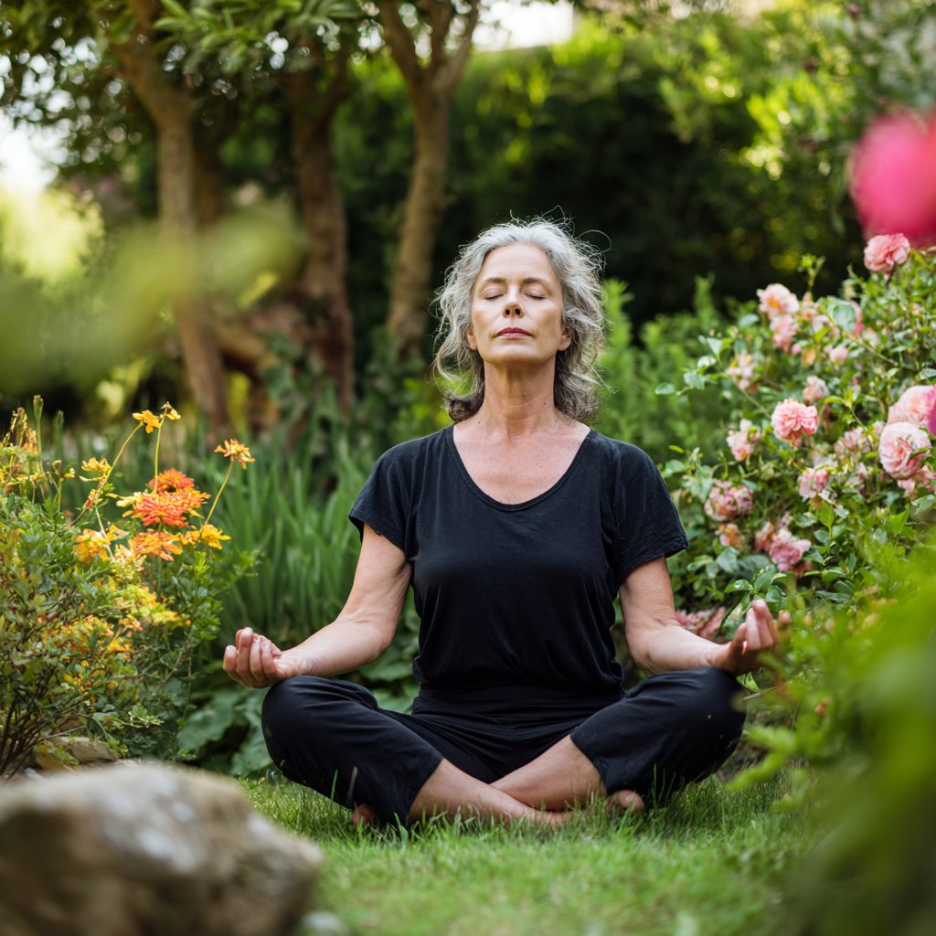 Mature woman practicing yoga in peaceful garden setting